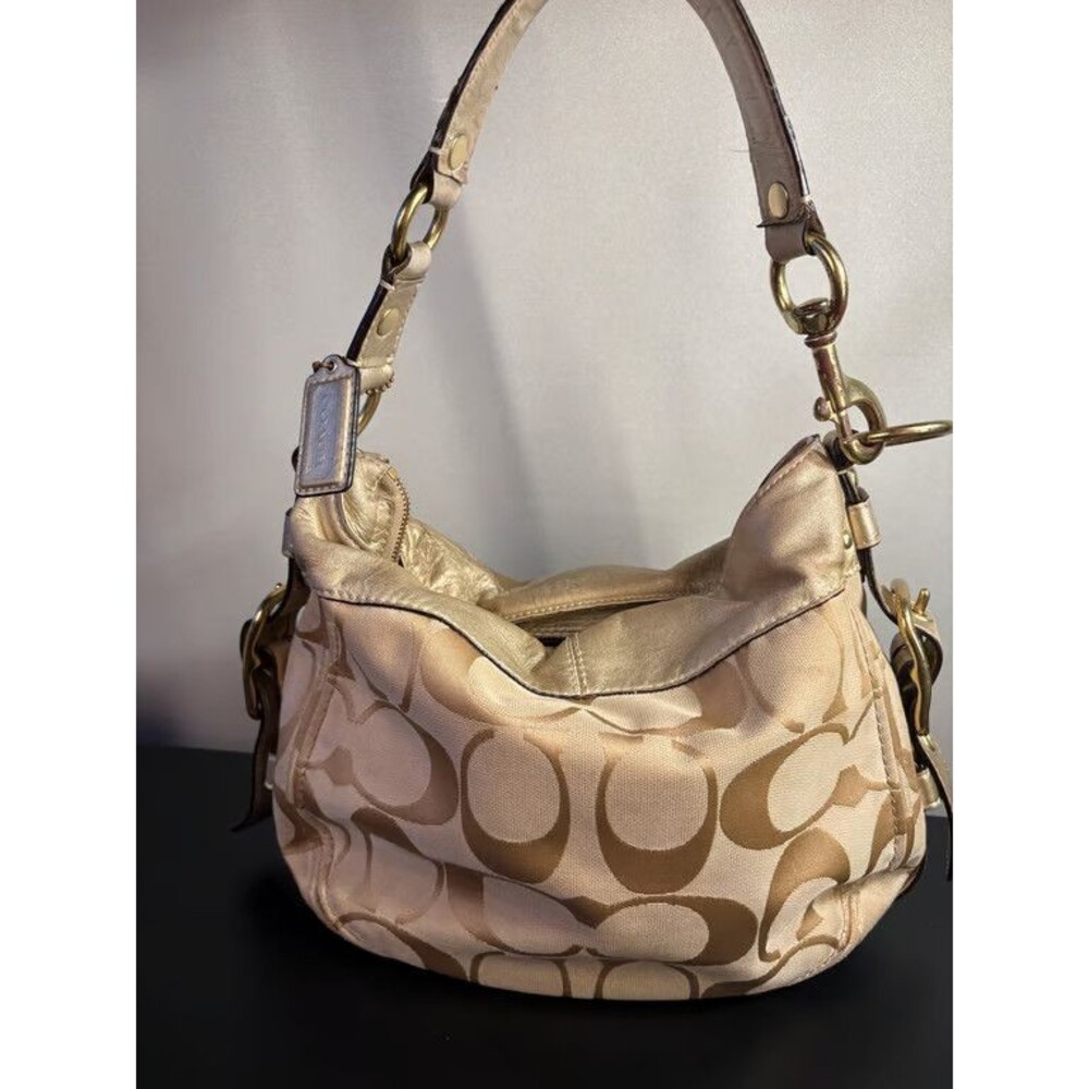Coach Signature Hobo Shoulder Bag Metallic Gold Leather Trim Zip Top